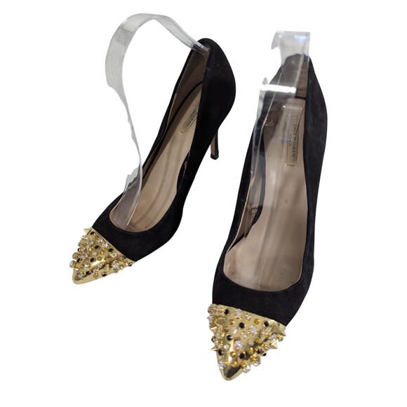ZARA WOMAN! BLACK GENUINE SUEDE LEATHER GOLD/RHINESTONE TOE HEELS! SZ 9.5M - Picture 3 of 10